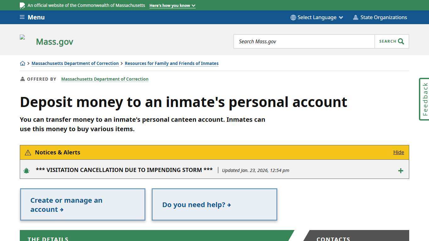 Deposit money to an inmate's personal account Mass.gov